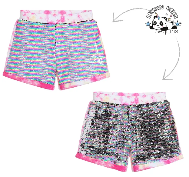 LEZONKIDS - Girls Children Clothing Tie Dye Cotton Jersey Rainbow Reversible Sequin Shorts